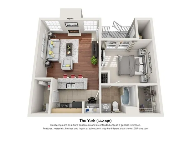 Modern 3D floor plan of The York, a 662 sq ft unit featuring a cozy living room with fireplace, stylish kitchen, elegant bedroom, and well-appointed bathroom.