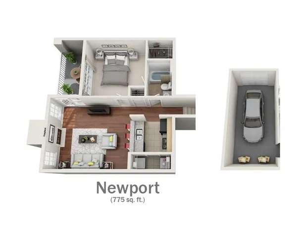 Newport floor plan showcasing 775 sq ft with a cozy bedroom, modern kitchen, inviting living room, and attached garage.