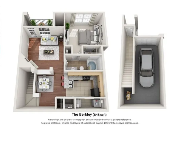 Elegant 3D floor plan of \'The Berkley\' apartment featuring a cozy bedroom, inviting living area, modern kitchen, bathroom, and a convenient garage, covering 848 sq ft.
