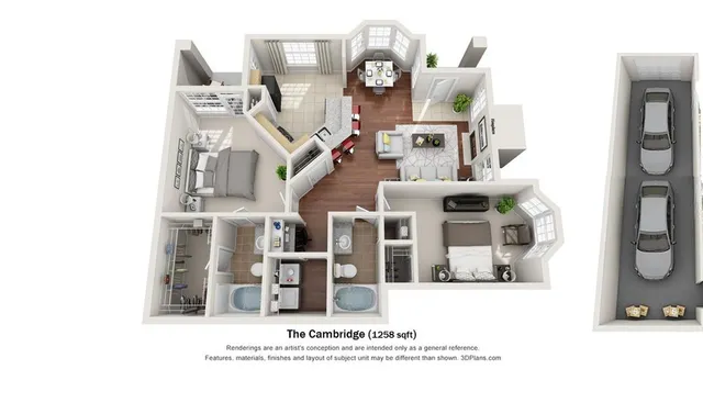 The Cambridge 3D floor plan featuring two spacious bedrooms, an open living area, modern kitchen, and dual car garage, all within 1258 sqft.