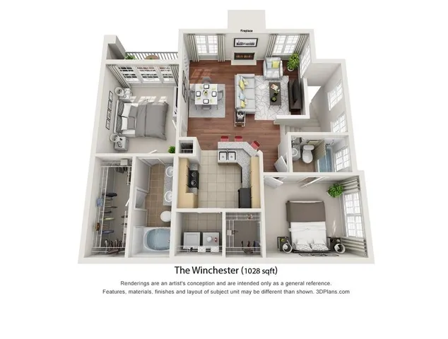 The Winchester floor plan showcasing 1028 sq ft of elegant living space, featuring two cozy bedrooms, a stylish open-concept living and dining area, a modern kitchen, and two luxurious bathrooms.
