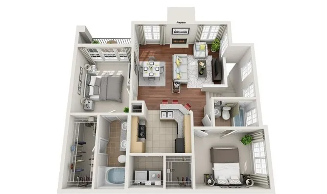 Modern 3D apartment floor plan featuring two bedrooms, a cozy living area with fireplace, open kitchen, and elegant dining space.