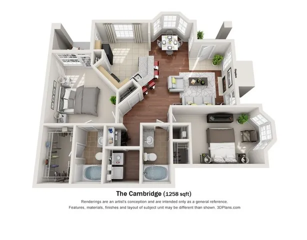 The Cambridge floor plan showcases a modern 3D layout with 1258 sq ft, featuring 2 spacious bedrooms, a stylish open-concept living room, a contemporary kitchen with breakfast bar, and two luxurious bathrooms.