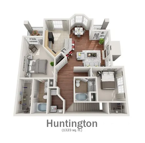Inviting 3D floor plan of the Huntington apartment featuring 2 spacious bedrooms, 2 modern bathrooms, an open kitchen with peninsula, and a cozy living area, encompassing 1323 sq. ft.