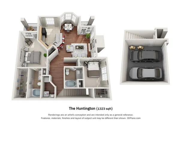 Elegant 3D floor plan of The Huntington, featuring 1323 sqft with 2 bedrooms, stylish open-concept living space, modern kitchen, and a spacious 2-car garage.