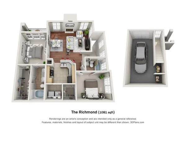 The Richmond 3D floor plan showcasing 1081 sq ft with 2 bedrooms, stylish open living area, modern kitchen, and attached garage.