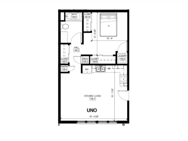 Modern UNO floor plan featuring one bedroom, spacious kitchen and living area, complete with pantry and laundry.