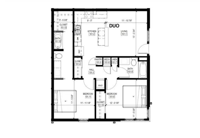 Modern DUO floor plan featuring 2 bedrooms, open kitchen with island, spacious living area, and 2 bathrooms with ample storage solutions.