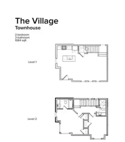 Modern townhouse floor plan at The Village, showcasing 2 bedrooms and 2 bathrooms over two levels, totaling 1084 sq ft.