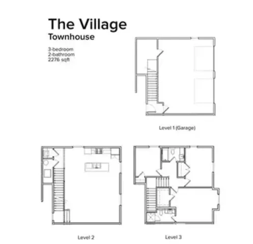 The Village Townhouse floor plan showcasing 3 bedrooms and 2 bathrooms across 2276 sqft, featuring a garage on Level 1, an open-concept kitchen and living area on Level 2, and bedrooms on Level 3.