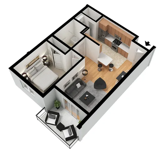 Chic 3D floor plan featuring a cozy bedroom, modern kitchen, stylish living room, and inviting balcony with seating.