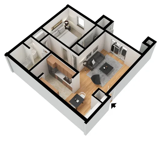 Charming 3D floor plan featuring a cozy 1-bedroom apartment with open-concept living and dining area, modern kitchen, and stylish bathroom.