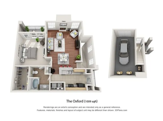 The Oxford 3D floor plan showcasing 1009 sqft with a cozy bedroom, elegant living room, stylish kitchen, modern bathroom, and spacious garage for convenience.