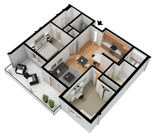 Elegant 3D floor plan showcasing a sophisticated 1-bedroom apartment with a modern kitchen, stylish living area, and expansive balcony.