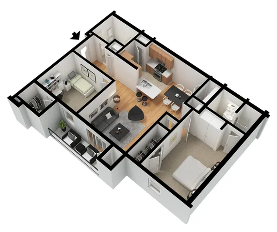 Chic 3D floor plan featuring 2 bedrooms, modern kitchen, open living area, and inviting balcony.