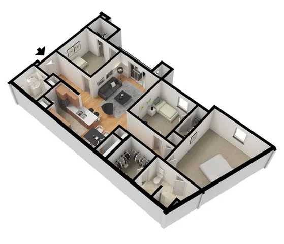 Spacious 3D apartment floor plan featuring three bedrooms, an inviting living room, a modern kitchen with bar seating, and two stylish bathrooms.