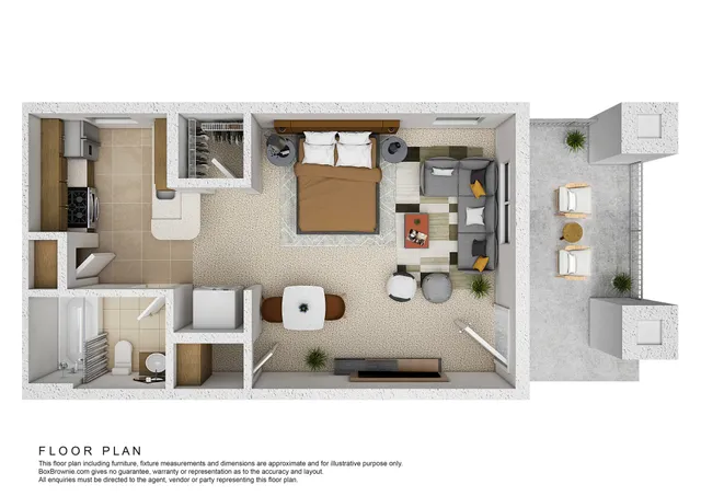 Modern 3D floor plan showcasing a luxurious one-bedroom apartment with an inviting living area, efficient kitchen, and private balcony.