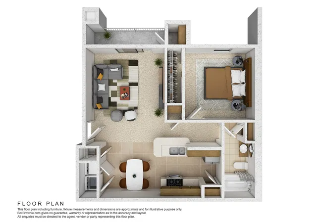 Contemporary open-plan layout featuring a spacious living area, cozy bedroom, functional kitchen, and modern bathroom.