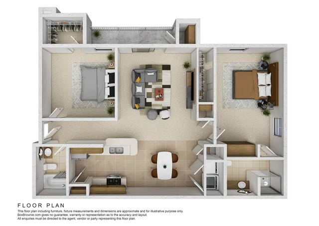 Modern 3D floor plan featuring two spacious bedrooms, a vibrant living area, open kitchen with breakfast bar, and elegant dining space.