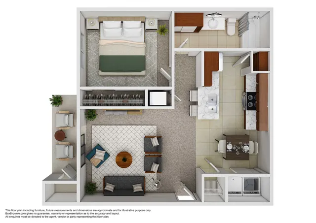 Elegant 1-bedroom apartment floor plan with open living area, modern kitchen, and cozy outdoor patio.