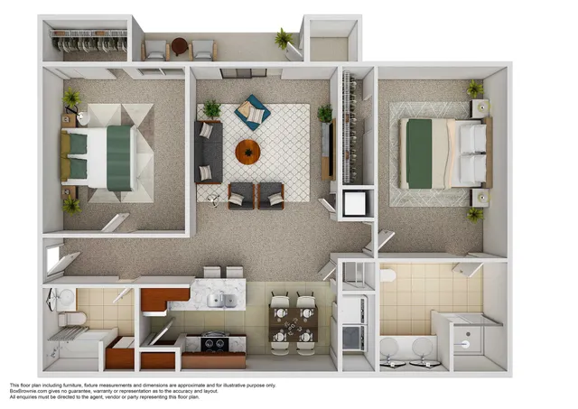Modern floor plan showcasing two elegant bedrooms, spacious open living area, and a sleek kitchen, ideal for sophisticated urban living.