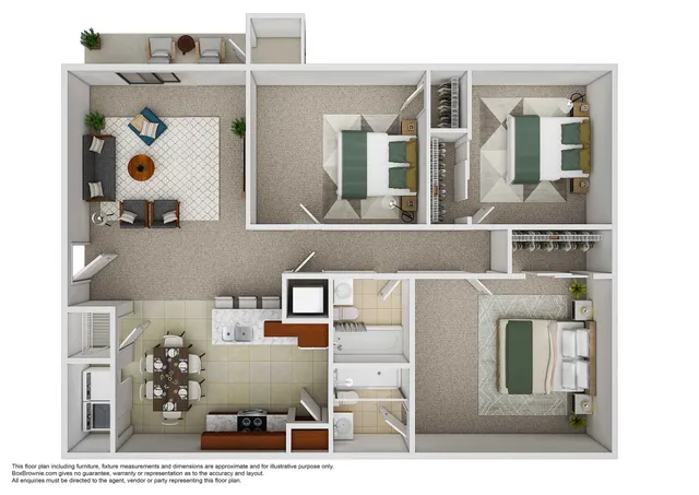 Modern floor plan showcasing three spacious bedrooms, an elegant living room with plush seating, and a functional kitchen with dining area.