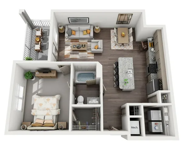 Modern floor plan showcasing 1 bedroom, open living area with balcony, contemporary kitchen, and luxurious bathroom.