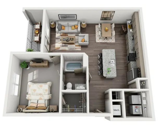 Modern open-concept floor plan showcasing a cozy bedroom, sleek kitchen with island, inviting living area, and stylish balcony.