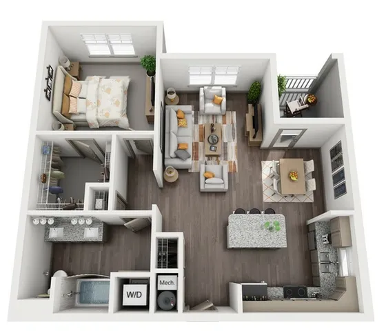 Chic and modern 3D floor plan showcasing a spacious 1-bedroom apartment with a stylish open-concept living area, contemporary kitchen with island, cozy living room, and elegant dining space. Includes a luxurious bathroom and a private balcony for outdoor relaxation.