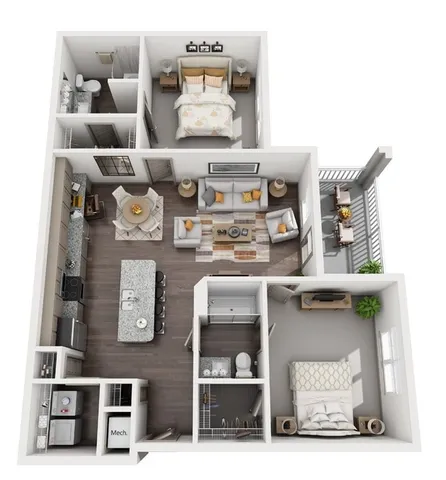 Contemporary 3D floor plan showcasing 2 elegant bedrooms, modern kitchen with island, spacious living area, and a charming balcony for outdoor enjoyment.
