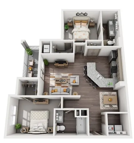 Contemporary 3D floor plan showcasing 2 bedrooms, elegant open-plan kitchen with breakfast bar, cozy living area, and private balcony.