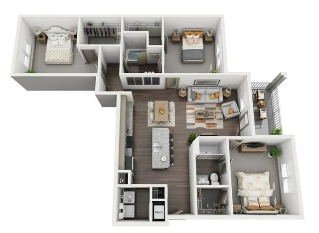 Modern and elegant 3D apartment floor plan featuring three bedrooms, a spacious open-concept living and dining area, a sleek kitchen with an island, and a private balcony for outdoor relaxation.