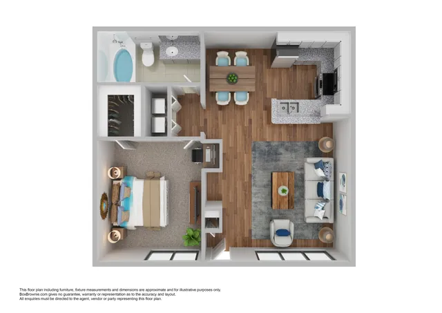 Modern 3D apartment floor plan showcasing a cozy bedroom, elegant bathroom, stylish open-concept kitchen with bar seating, and a spacious living room perfect for relaxation.