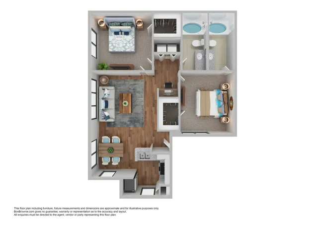 Contemporary 3D floor plan showcasing two bedrooms, a chic open-concept living and dining area, modern kitchen, and dual bathrooms.