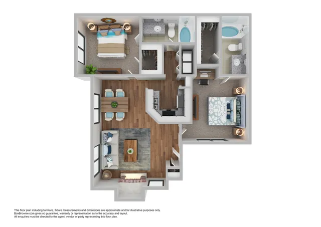 Elegant 3D floor plan showcasing an open living-dining area, two bedrooms, and modern kitchen with ample storage.