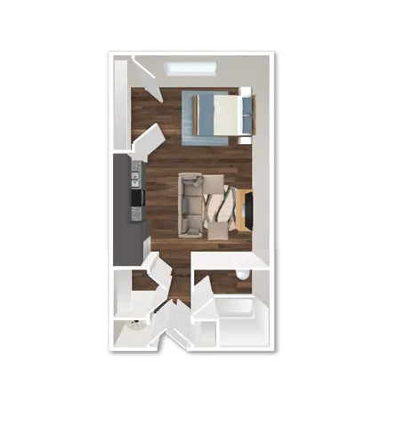 Compact and stylish 1-bedroom apartment floor plan with modern open-concept living and kitchen area, featuring sleek hardwood flooring.