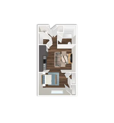 Modern 2D floor plan showcasing a cozy 1-bedroom apartment with an open-concept living area and fully-equipped kitchen.