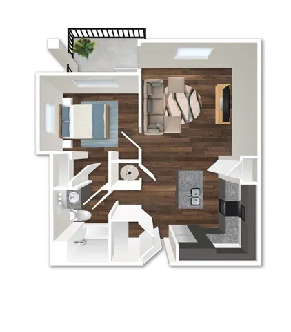 Chic 1-bedroom apartment floor plan with modern kitchen, cozy living area, and private balcony.