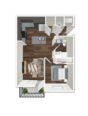 Modern 1-bedroom apartment floor plan with open-concept living area, sleek kitchen, and private balcony.