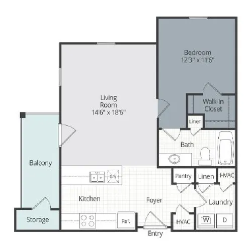 Modern floor plan featuring a spacious bedroom with walk-in closet, open living room, functional kitchen, and inviting balcony.
