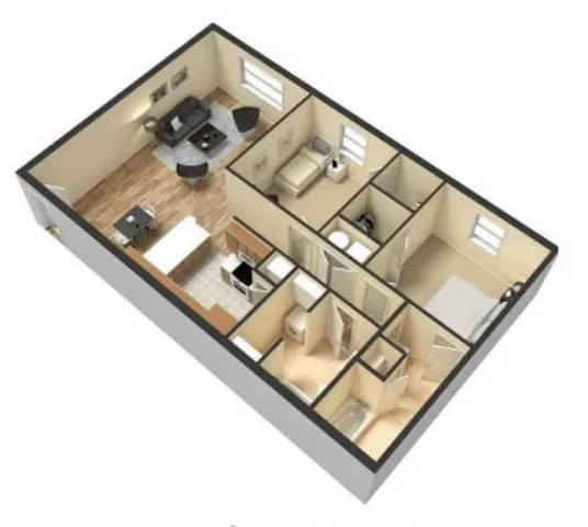 Modern 3D floor plan showcasing a spacious open-concept living area, sleek kitchen, and comfortable 2-bedroom layout with ample natural light.