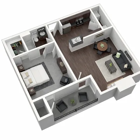 Modern 3D apartment layout featuring one spacious bedroom, an open-plan kitchen and living area, stylish furniture, and a cozy balcony.