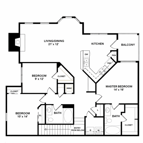 Elegant floor plan showcasing a spacious layout with three bedrooms, expansive living/dining area, sleek kitchen with balcony access, and two luxurious baths.