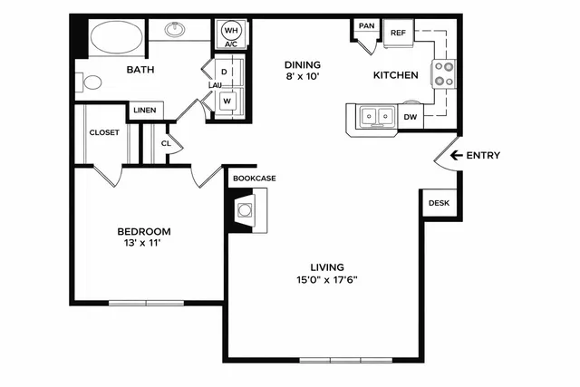 Inviting floor plan featuring a spacious bedroom, modern kitchen with dining area, and a large living room with a cozy bookcase nook.
