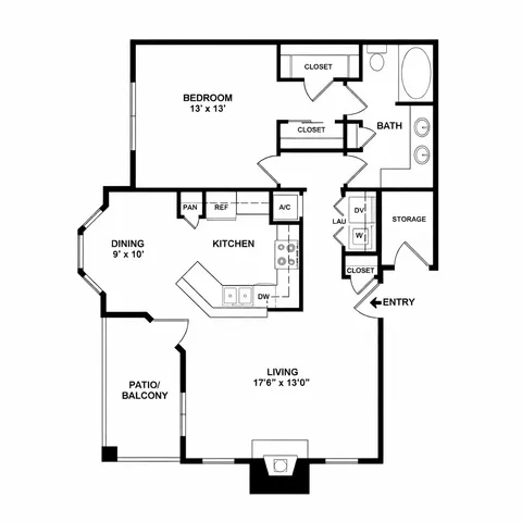 Elegant floor plan featuring a spacious 1-bedroom, open-concept living and dining area, modern kitchen, and a cozy patio/balcony.