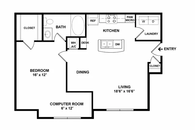 Chic apartment floor plan showcasing a spacious one-bedroom layout with dedicated computer room, open kitchen with island, ample living and dining area, and convenient in-unit laundry.