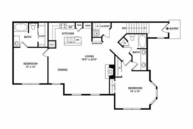 Elegant floor plan showcasing 2 spacious bedrooms, a large living area, and a modern kitchen with dining space. Includes two luxurious bathrooms, convenient laundry area, and ample closet space.