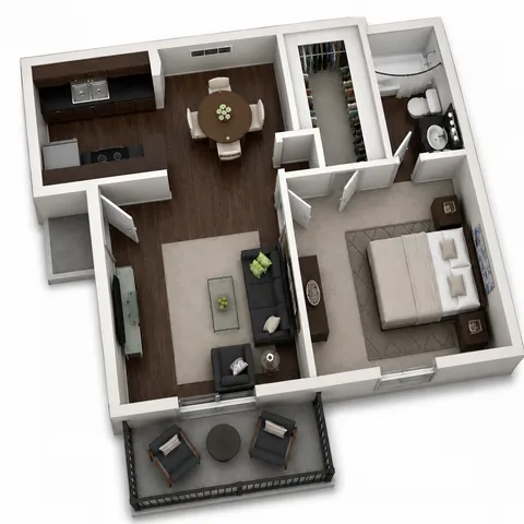 Elegant open-concept floor plan showcasing a cozy bedroom, modern kitchen, inviting living area, and a charming balcony space.