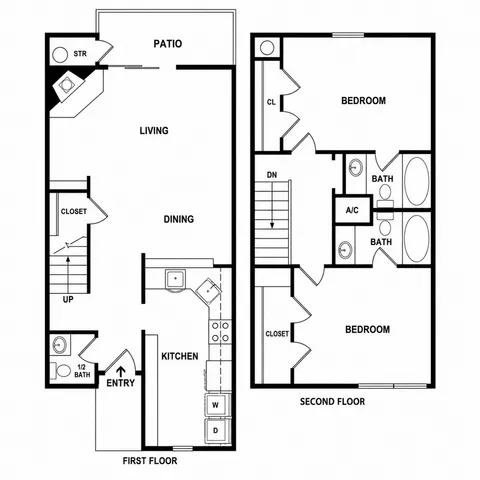 Modern two-story floor plan featuring a spacious living area with patio access, two bedrooms, a sleek kitchen with dining space, and dual bathrooms for ultimate convenience.