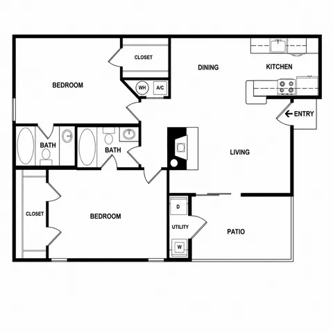 Spacious floor plan showcasing 2 bedrooms, 2 bathrooms, modern kitchen, dining area, and patio with utility space.